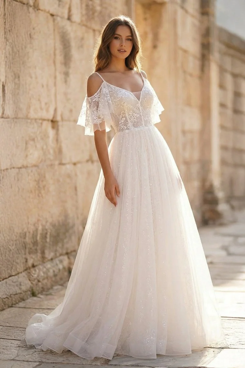 A-line V-neck Pearl Embellished Tulle Lace Floor Length Prom Dresses