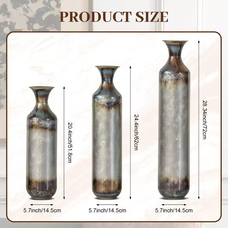 NAYSAYE 3-Piece Droplet Shaped Metal Floor Vases, Modern Glazed Decorative Vases For Elegant Home Decor, Gold and White, 21.25*7.8*30.9