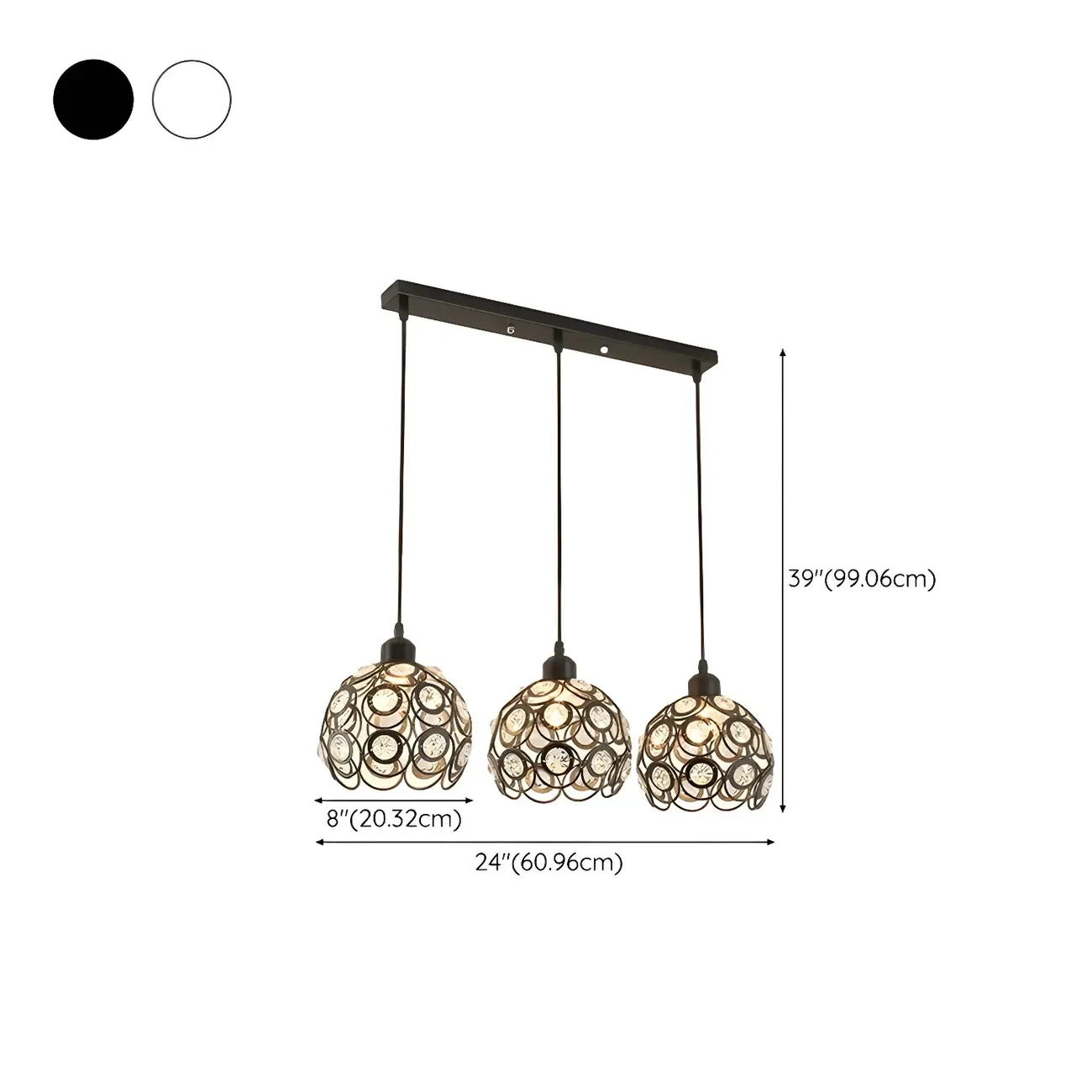 Modern 3-Light Round Crystal Black Metal Dome Pendant Light