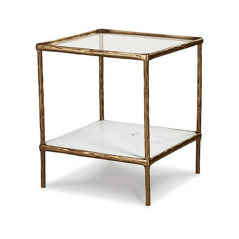 Dalie 25 Inch Accent Table, Square Glass Tabletop, Marble, Antique Gold