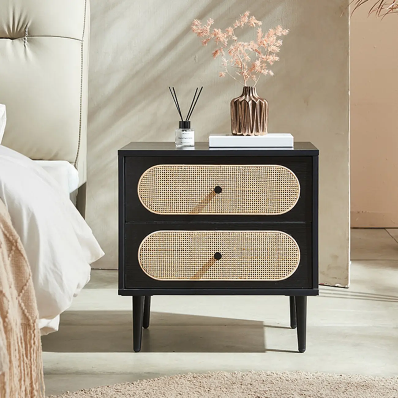 Modern Rattan Espresso Wood 2-Drawer Nightstand
