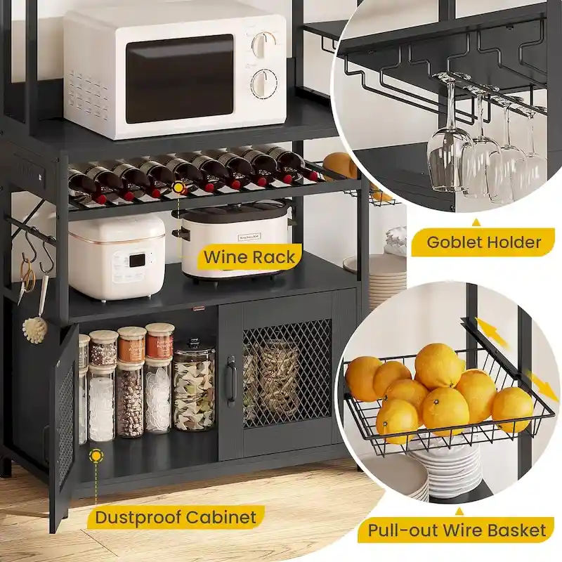 47.2 in Bakers Rack with Power Outlet Coffee Bar with Cabinet