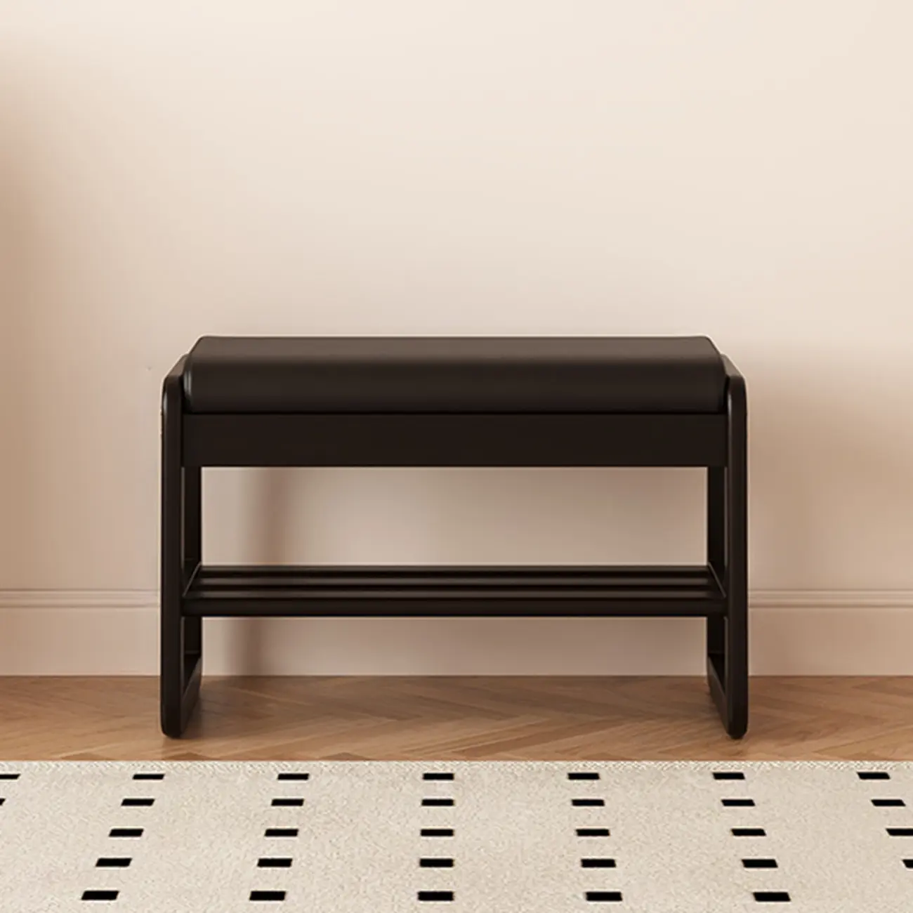 Modern Black Upholstered Shoe Bench with Storage Shelves