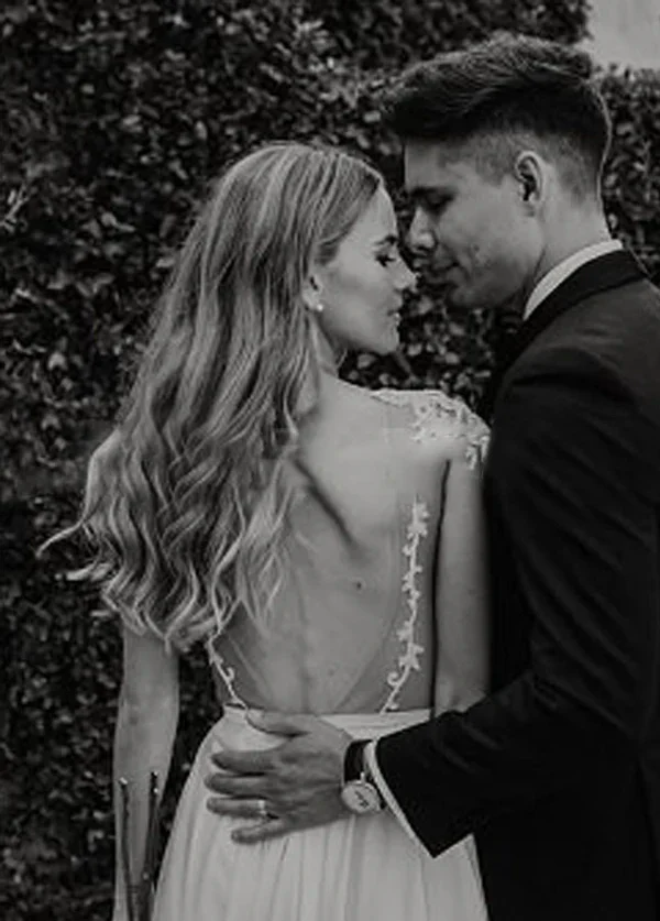 A-Line Cap Sleeve Long Backless Wedding Dresses with Appliques