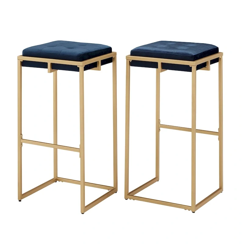 Backless Velvet Button-Tufted Bar Stool with Gold Metal Base & Footrest – Beige / Blue / Green, Counter / Bar Height