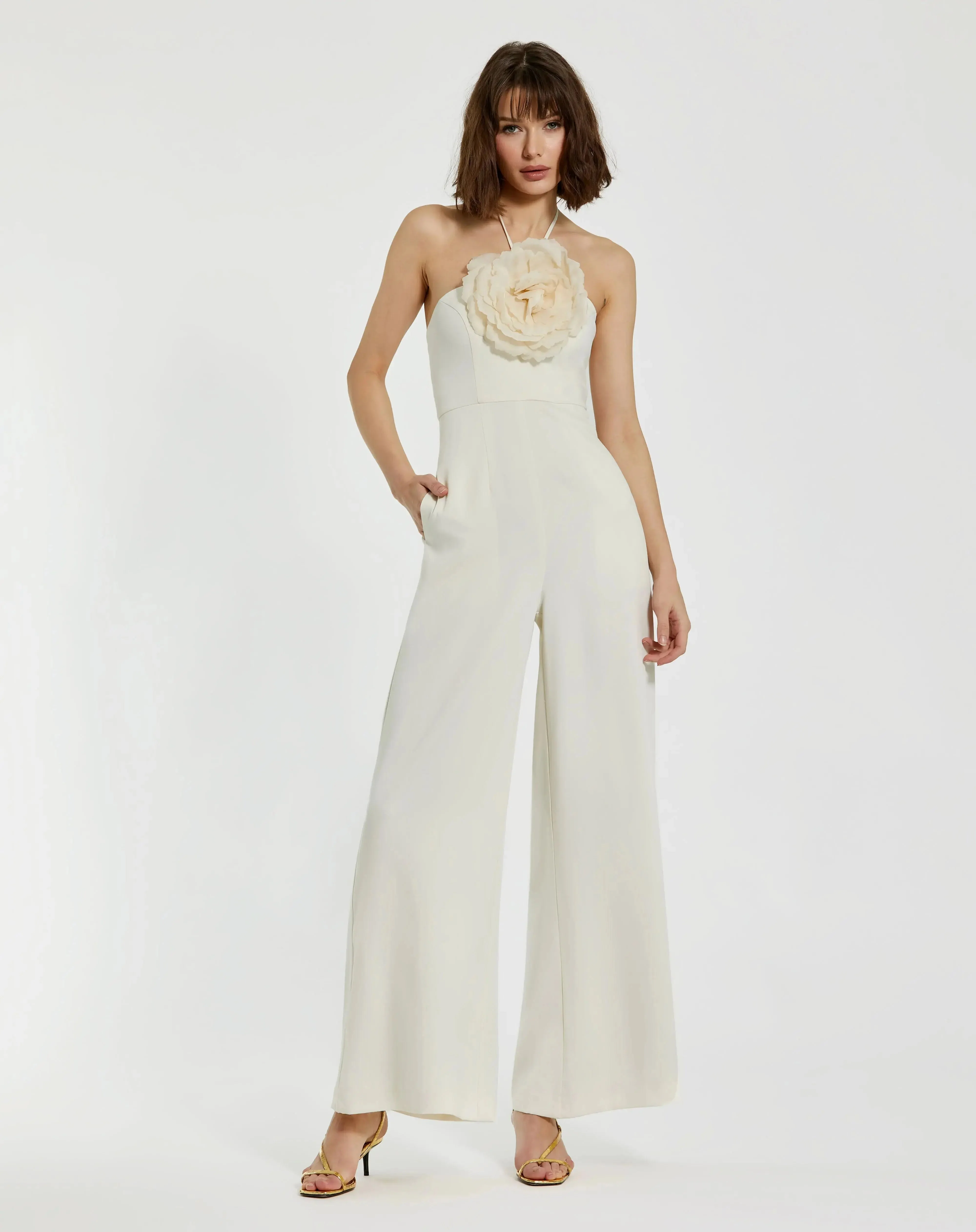 Halter Neck Crepe Jumpsuit With Flower