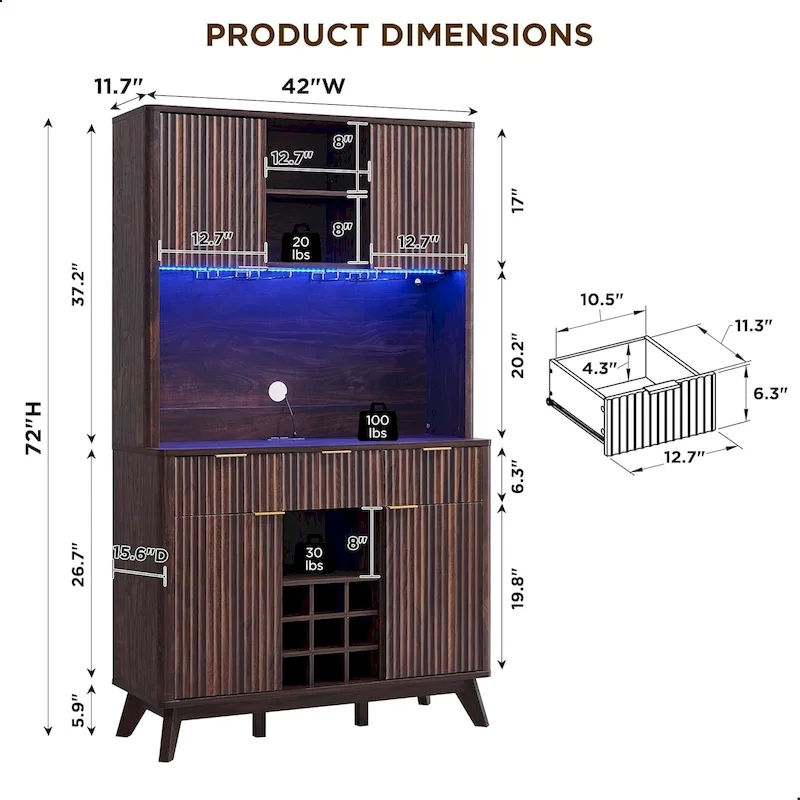 72 Wine Bar Cabinet, Modern Wood Coffee Bar Cabinet with LED Lights - N/A