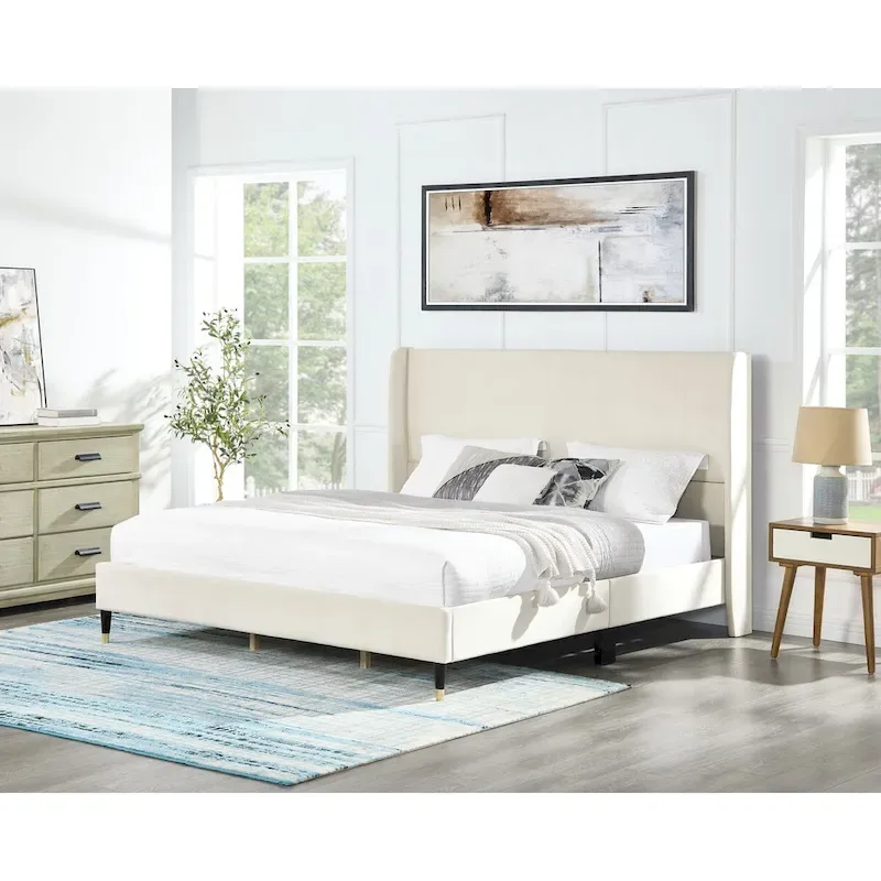 Beige Velvet Wingback Platform Bed, King, No Box Spring Need, Easy to Assemble