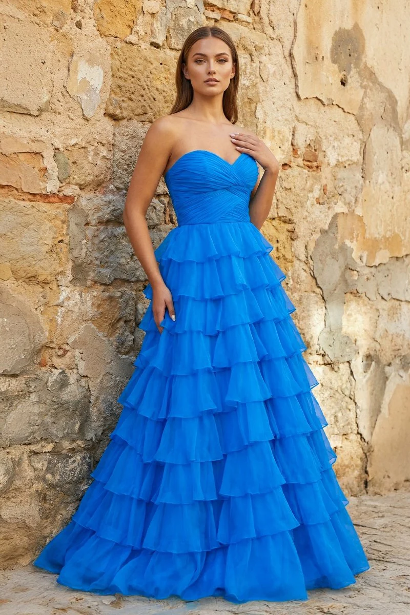 Sweetheart Blue Chiffon Tiered A-line Prom Dresses