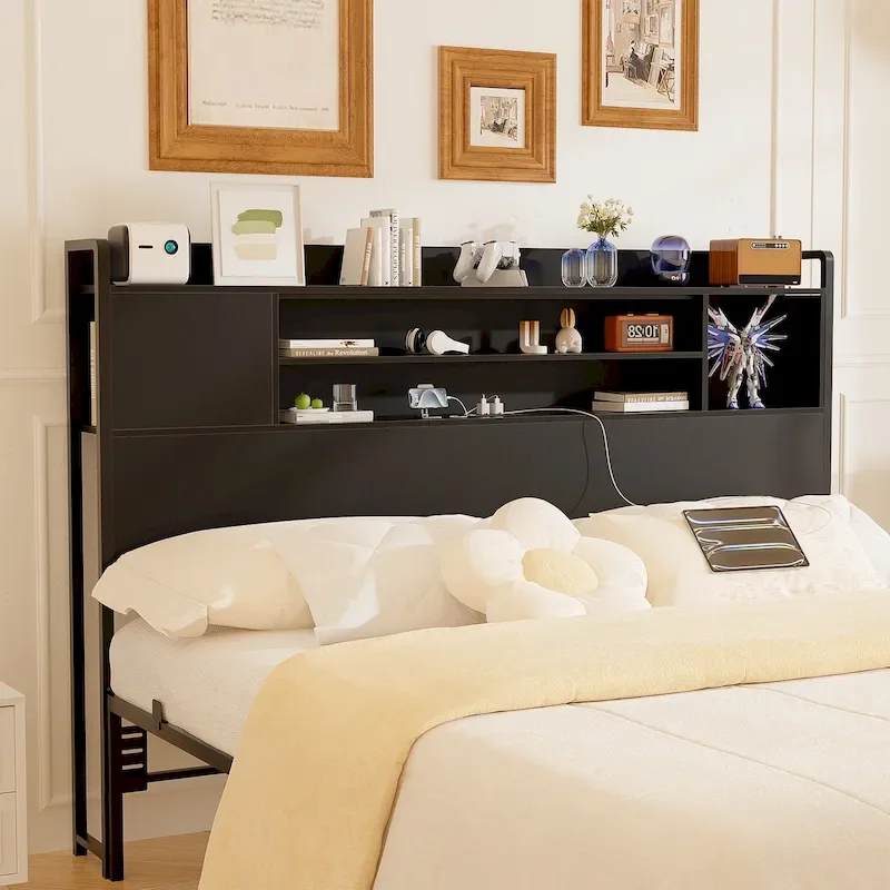Storage Headboards with Power Outlet and LED Light, Head board with Storage Shelves for Bed Frame