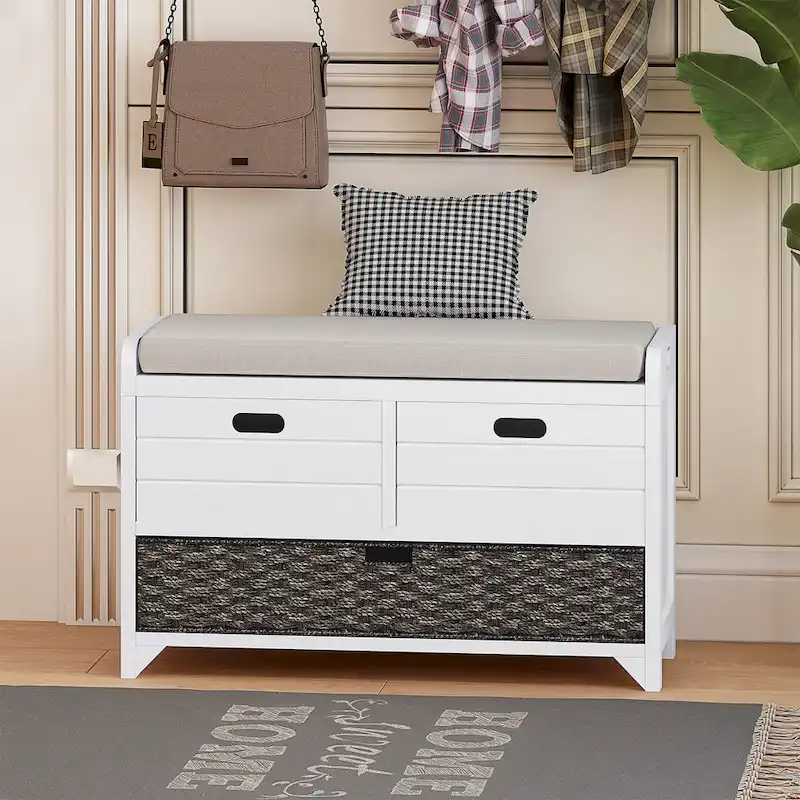 Espresso / Oak / White / Blue Rustic Storage Bench with Cushion, 2 Drawers & Removable Basket, 1-Person