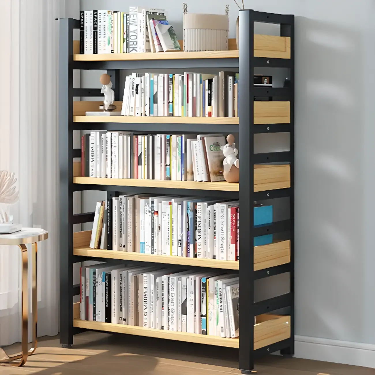 Freestanding Simple Multi-Layer Wood Bookshelf in Steel Frame
