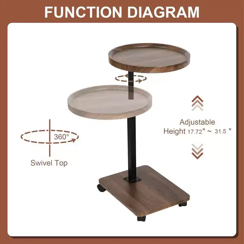 Side table C shape, 360 rotatable and height-adjustable sofa table, Adjustable Height Round Rolling End Table Brown