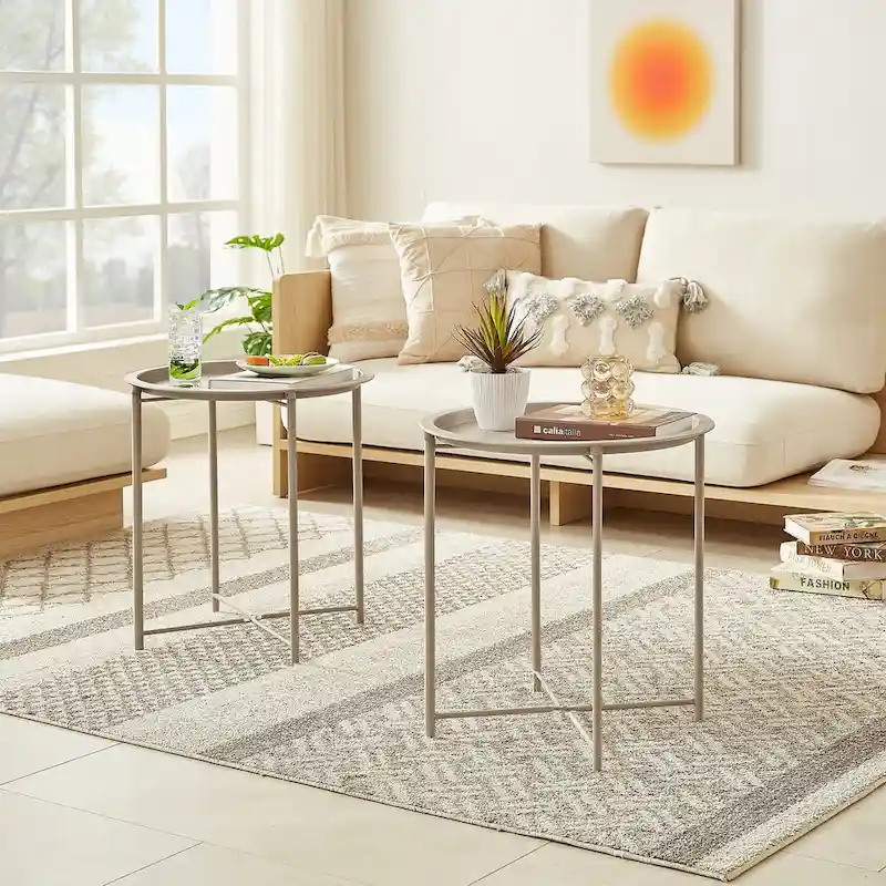 Folding Round TV Tray Tables, Small Round Steel Side Table, No Assembly Required - 18.5 x 18.5 x 19.7 in