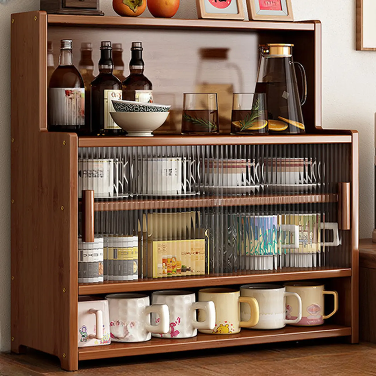Modern Bamboo Narrow Buffet with Wood Countertop