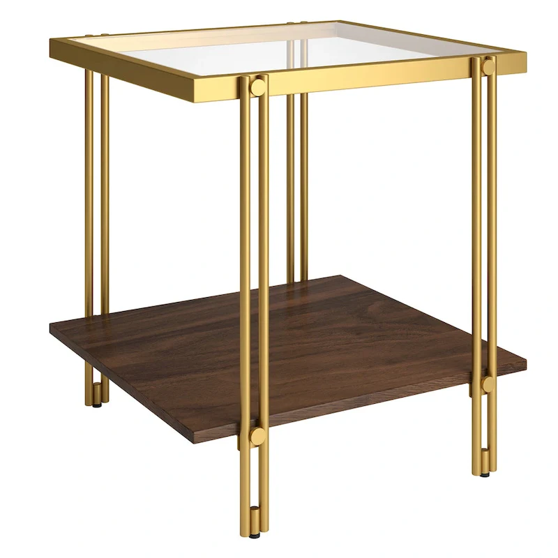 Brass / Blackened Bronze / Brass Walnut Geometric Steel & Glass Side Table – Single