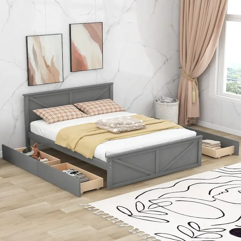 Wooden Platform Bed with Four Storage Drawers and Support Legs