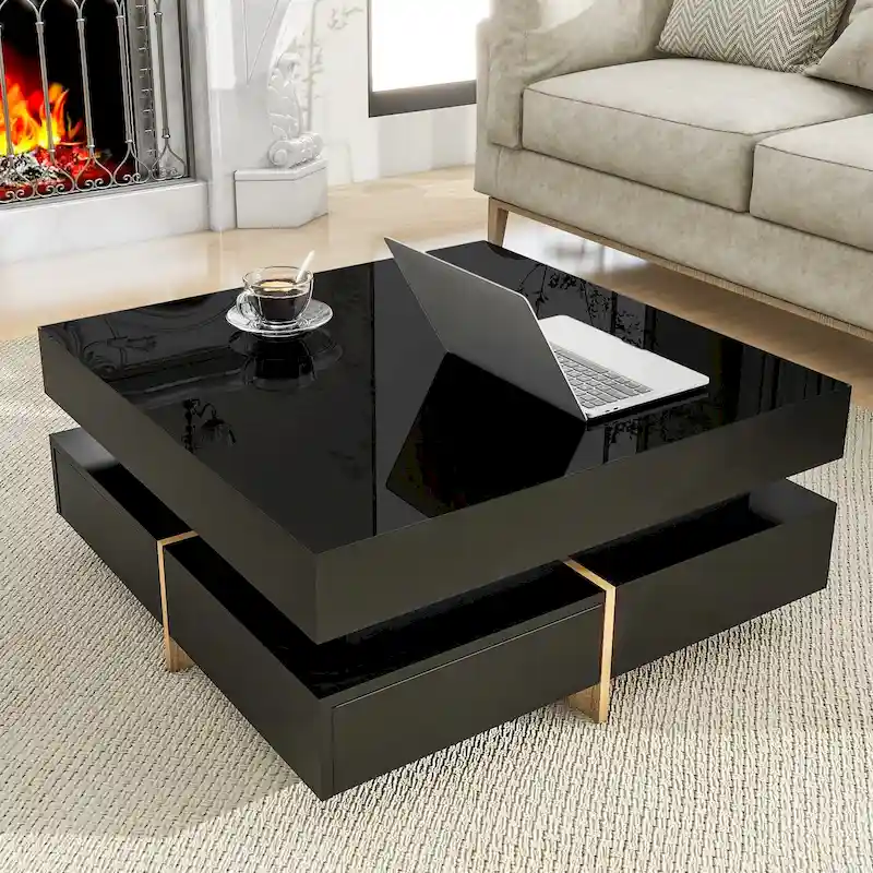 High Gloss Coffee Table with 4 Drawers - 2-Tier