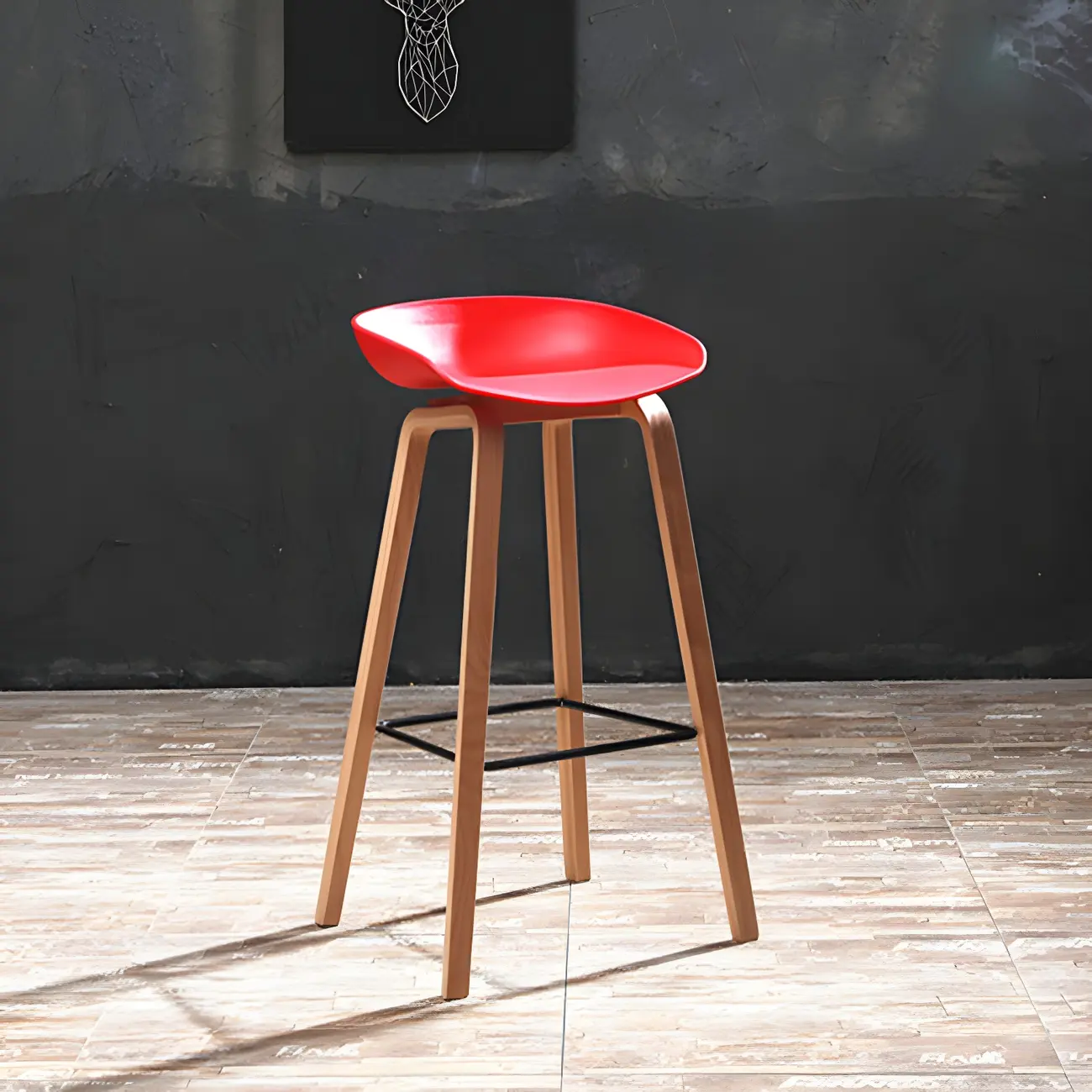 Mid-Century Modern Plastic Bar Stool with Wood Legs