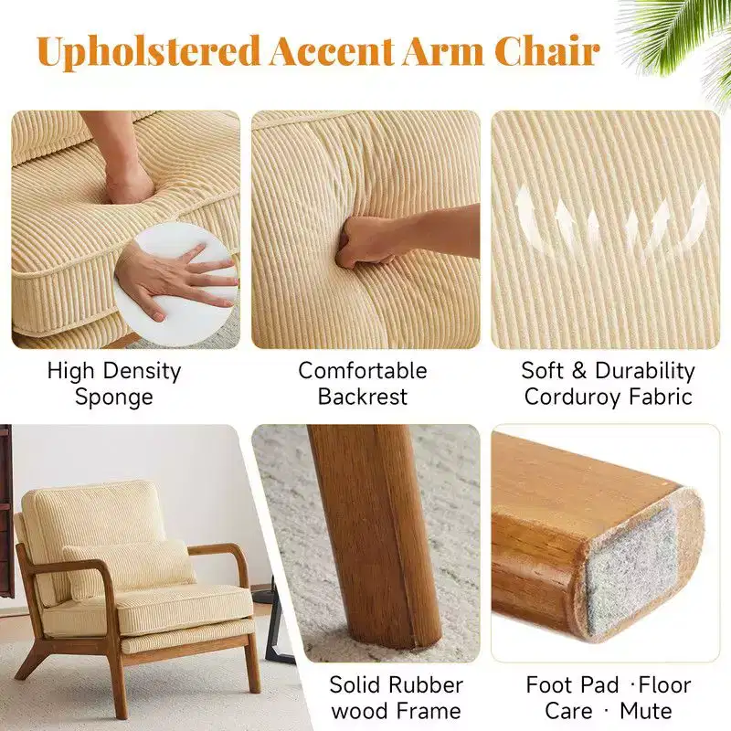 Karl Home 2Pcs Mid Century Solid Wood Accent Chair Upholstered Armchair with an Extra Pillow