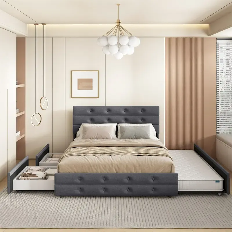Grey/Light Beige Linen Queen Bed Frame with Trundle & 2 Drawers, Fits 1-2