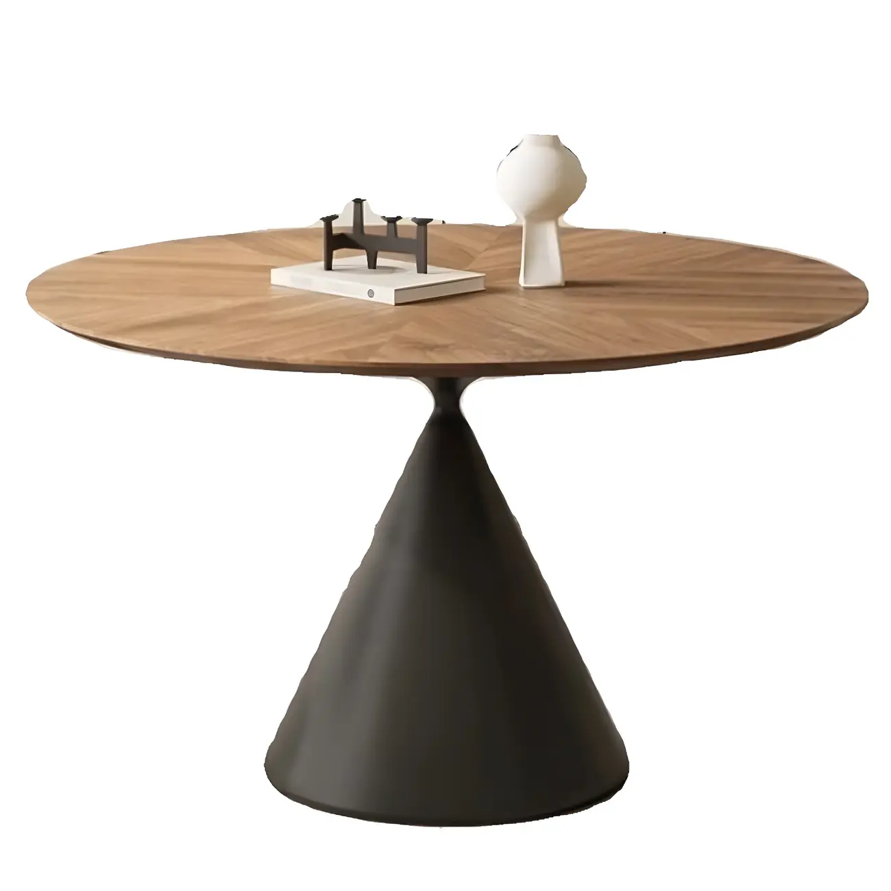 Brown Wood Round Dining Table with Black Metal Pedestal