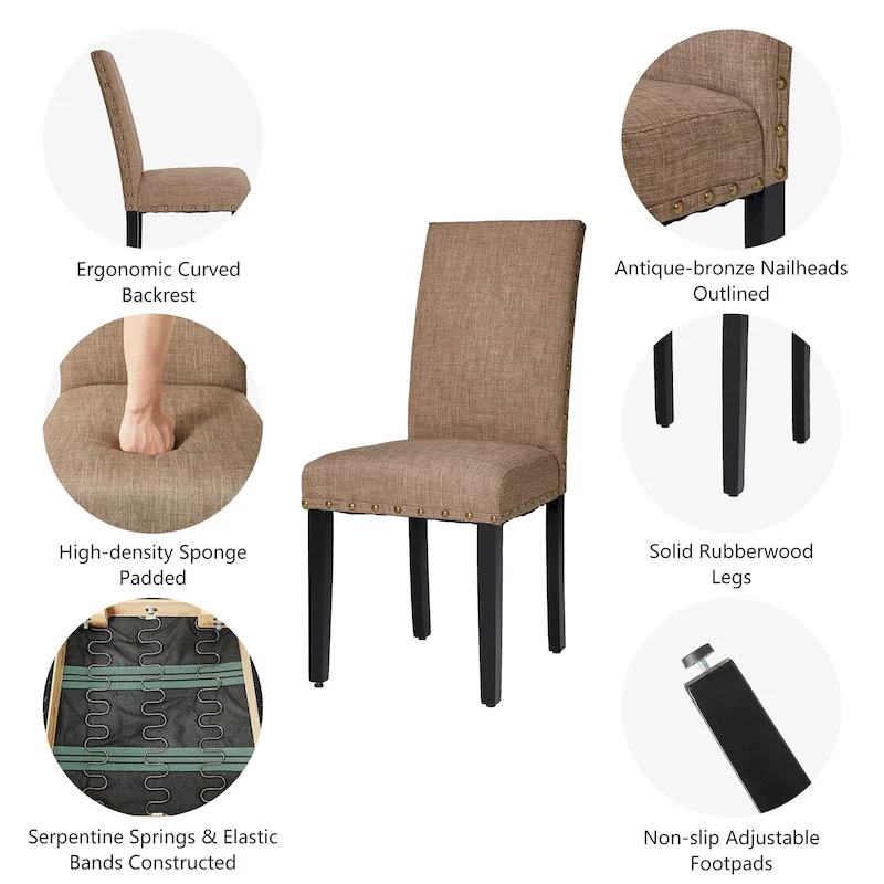 High Back Linen Fabric Dining Chairs with Nailhead Trim – Grey / Cream White / Tan