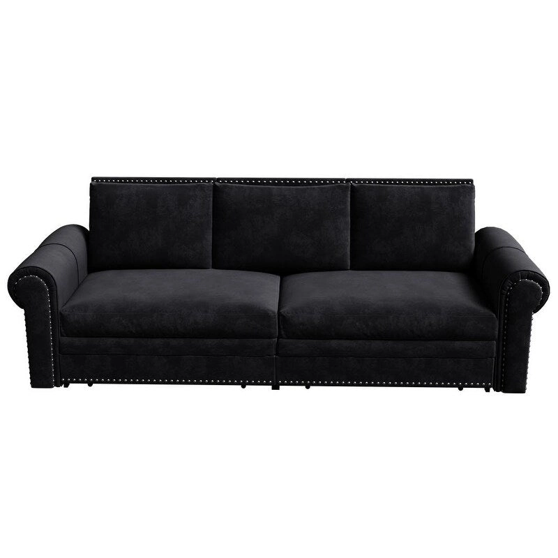 3-in-1 King Pull Out Sofa Bed Chesterfield Sofa, Velvet/Faux Leather Convertible Sleeper Sofa with Nailhead Trim & Rolled Arm