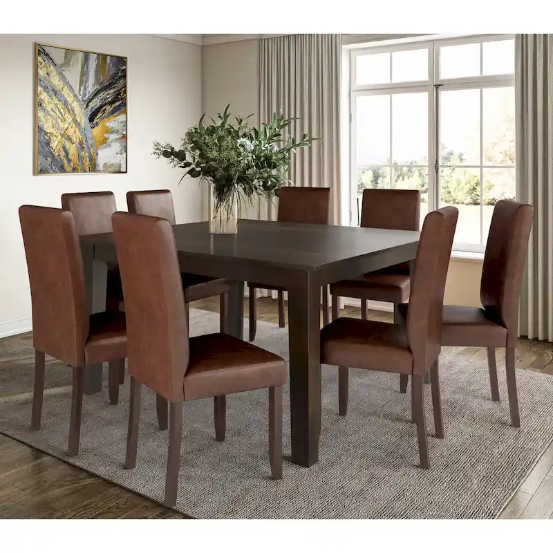 Normandy Transitional 9 Pc Dining with 8 Upholstered Parson Chairs and 54 Wide Table