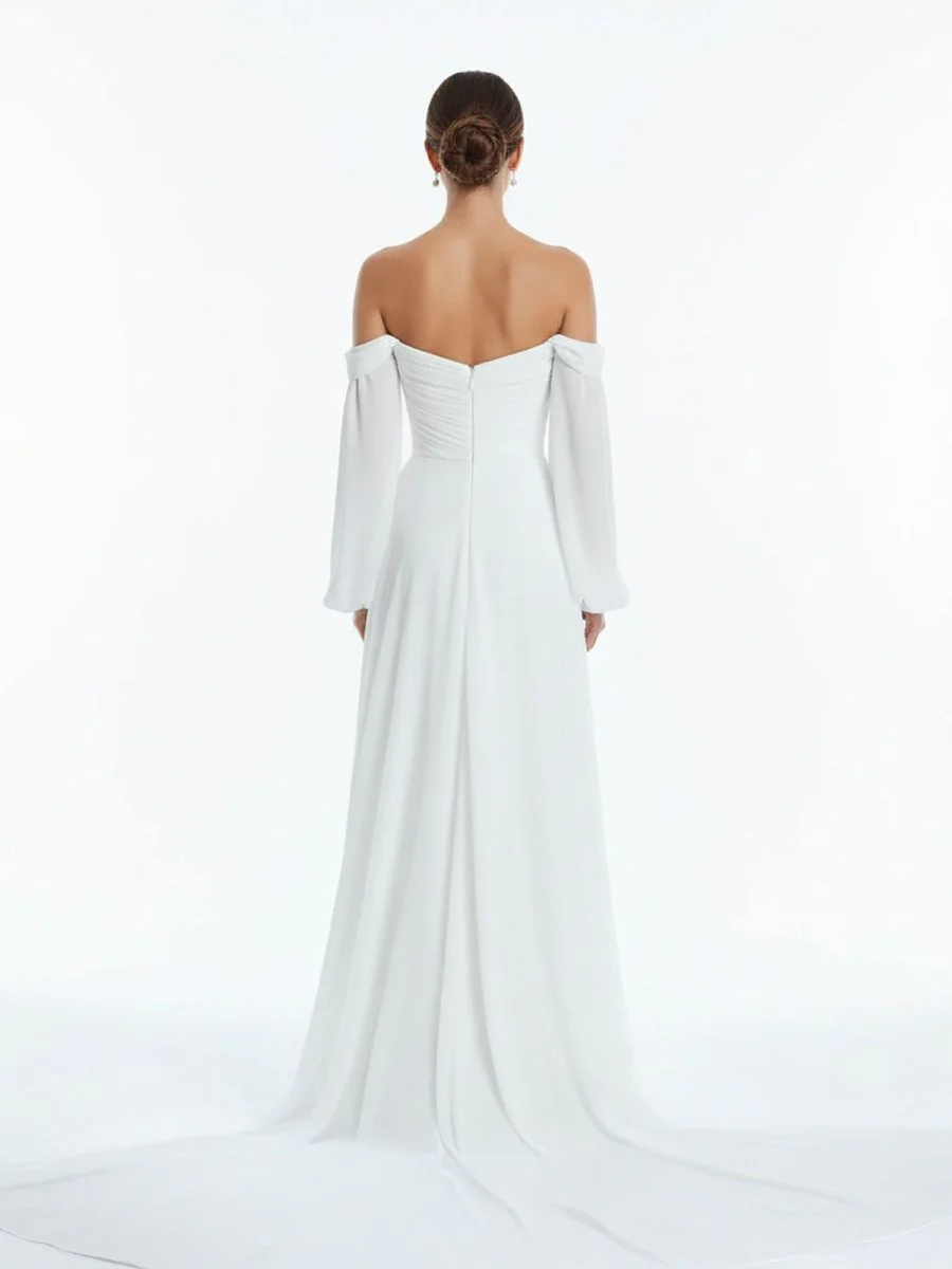 A-Line Sweetheart Long Sleeves Chiffon Sweep Train Wedding Dress