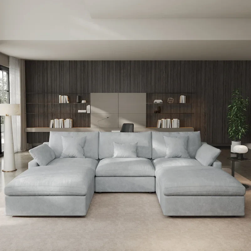 Classic Modern Linen Sectional Modular Sofa 3-Seater with 2 Ottomans, U-shaped Down Filled Cloud Couch with Cushions