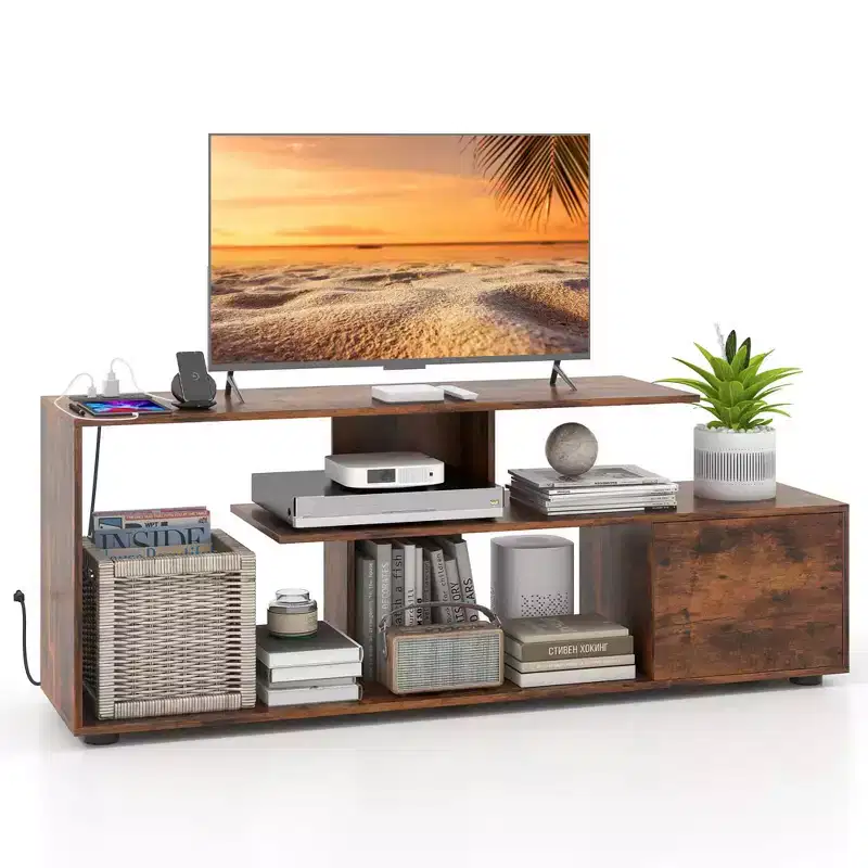 Costway 60 TV Stand with Charging Station Storage Shelves Industrial Entertainment Center