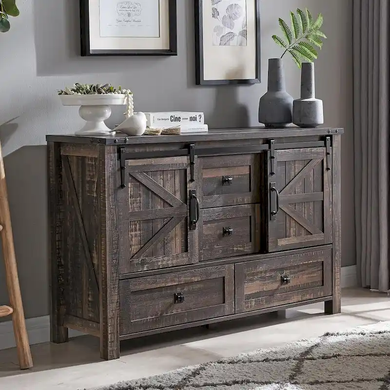Rustic Farmhouse Dresser – 4 Drawers & 2 Sliding Cabinets | Light/Dark Oak, Antique White, Barnwood
