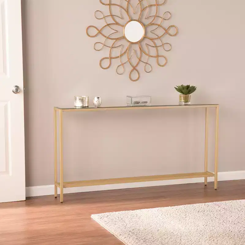 Darrin Narrow Long Console Table with Mirrored Top - Gold - SEI