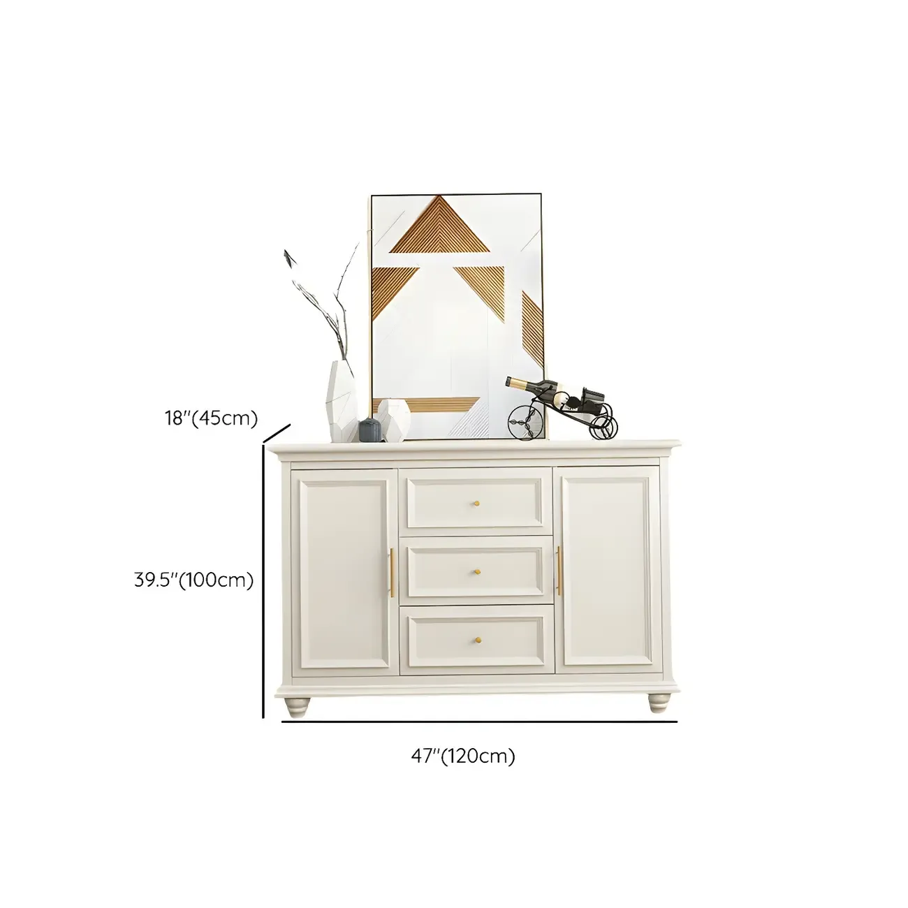 White Wooden Sideboard with 3 Drawers and Cabinets