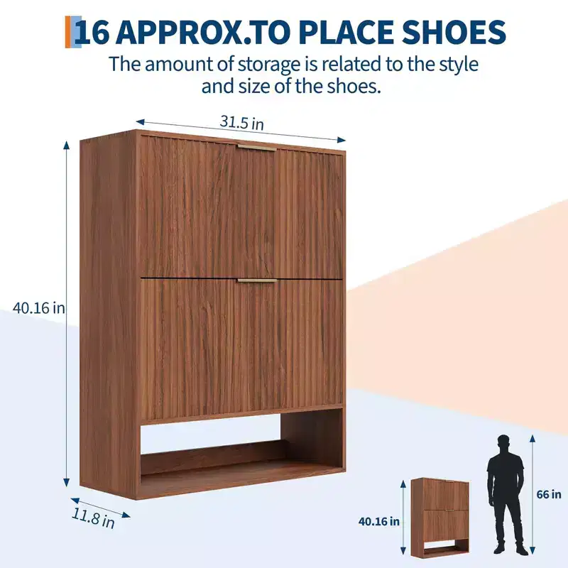 31.5'' Shoe Cabinet for Entryway with 2 Flip Drawers, Fluted Slim Shoe Storage Cabinet, Narrow Free Standing Wooden Shoes Organizer