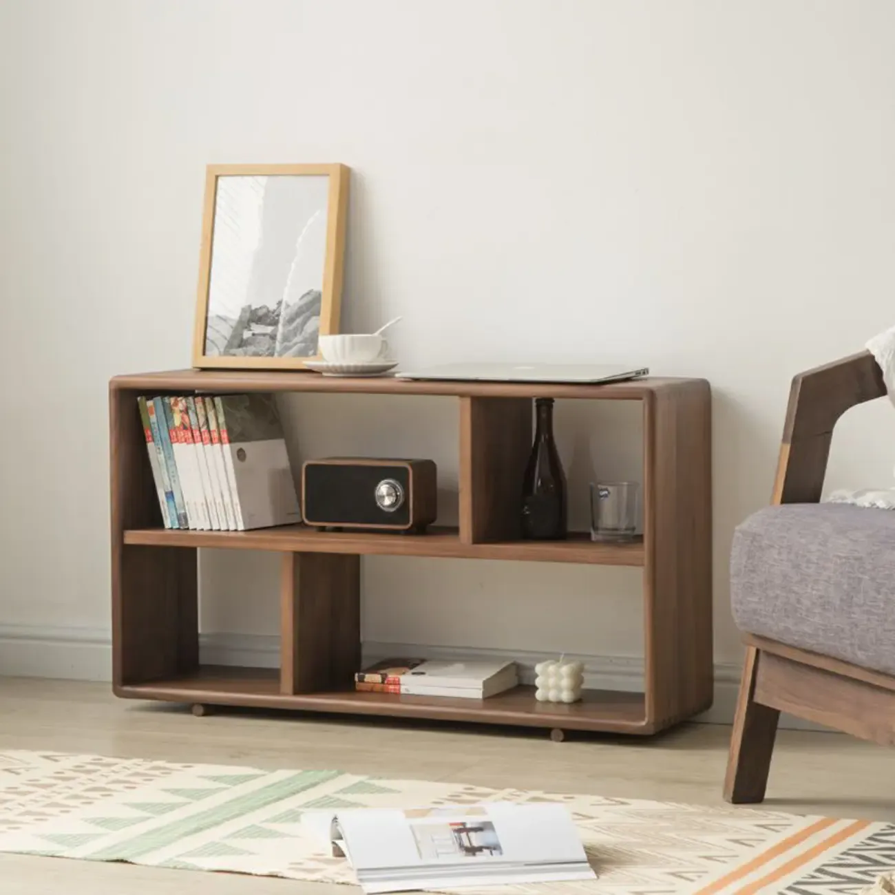 Walnut Wooden Open Shelving End Table for Living Room