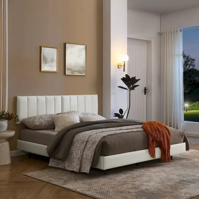 Floating Bed Frame With Led Lights And Wall Mounted Headboard