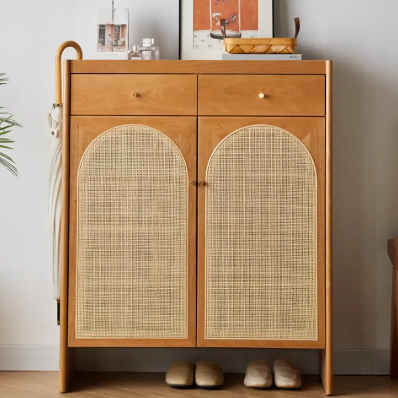 Bohemian Wood Arched Rattan Shoe Cabinet for Hallway