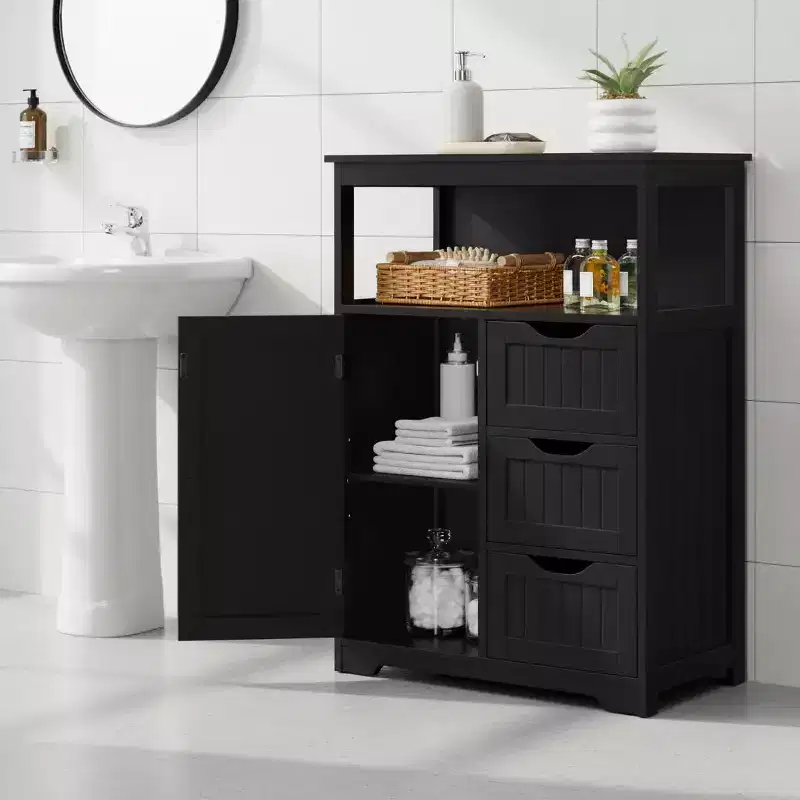 Dcolora Bathroom Floor Cabinet with 3 Drawers & Door, Adjustable Shelf, 35.5 Black
