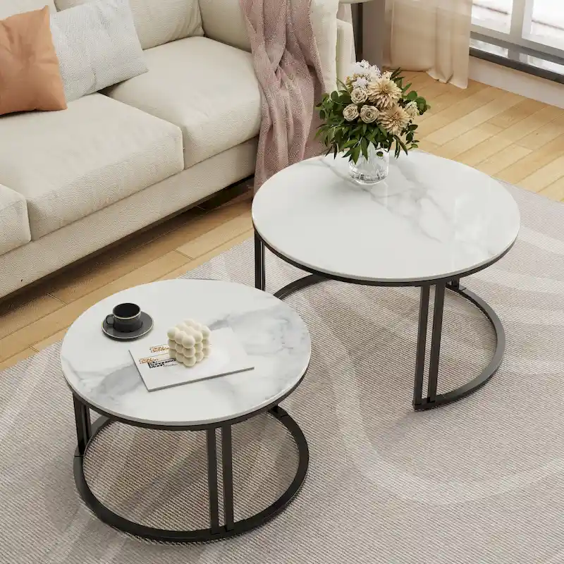 Round Sofa Nesting Coffee Table Sintered Stone Set of 2