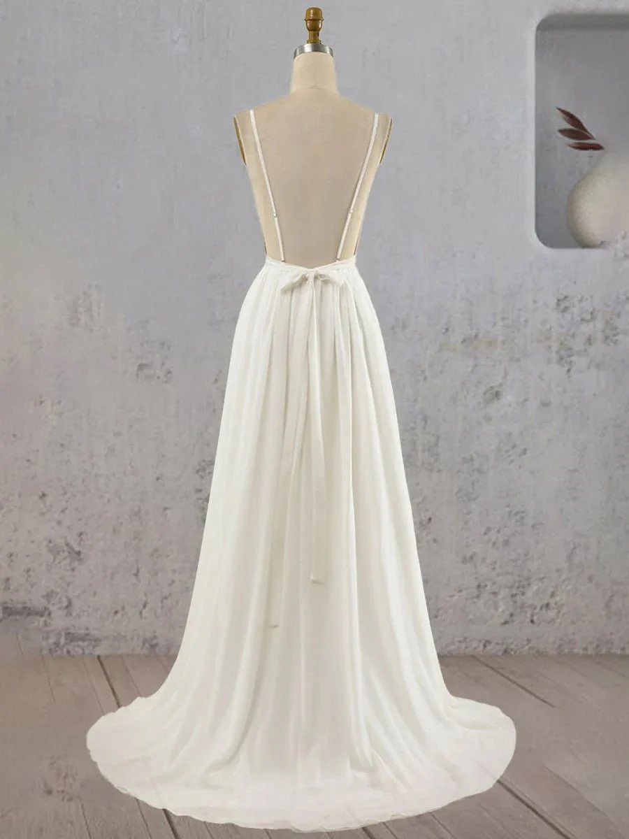 A-Line V Neck Straps Spaghetti Sheath Chiffon Wedding Dress