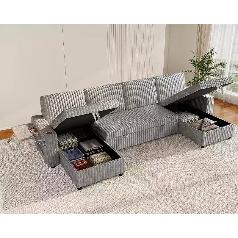 MooxvMoo 122 U-Shaped Convertible Sleeper Sofa with Storage, Adjustable Backrest, Side Table, USB Ports & Cup Holders, Grey