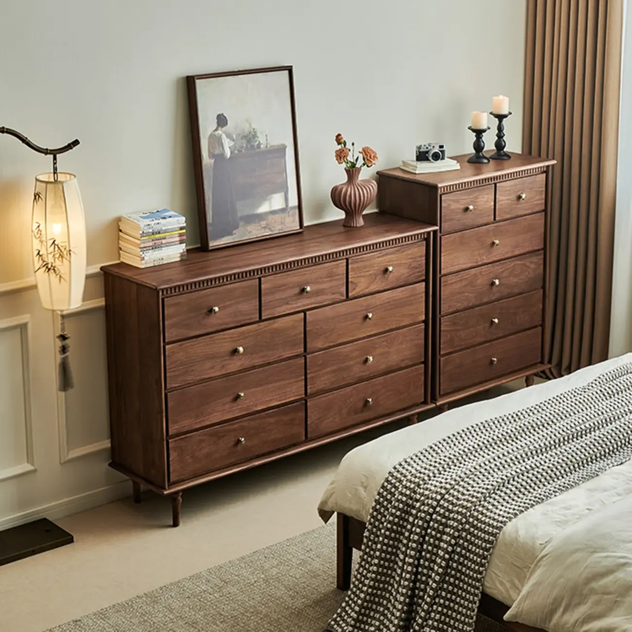 Mid-Century Walnut Wood Dresser Set with Ample Storage