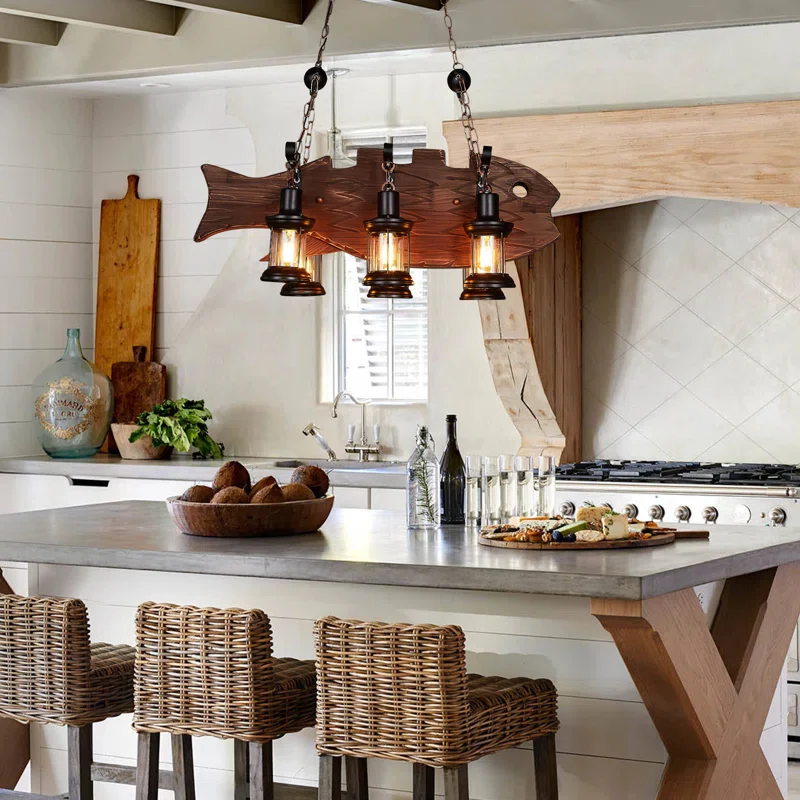 Farmhouse Industrial Brown Wooden Ceiling Chandelier for Kitchen