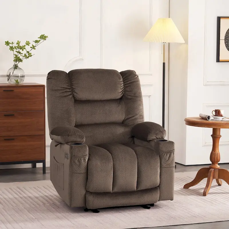 Power Recliner Chair with Heat & Massage, Fabric, 1-Seater – Dark Brown / Grey / Beige / Blue, Medium & Large