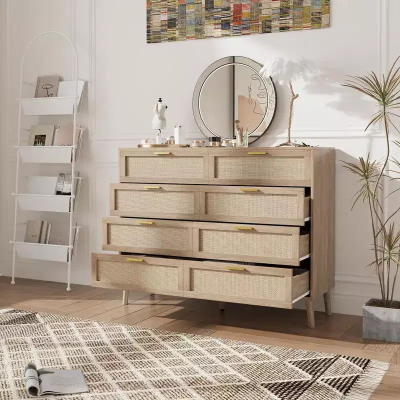 8 Drawer Rattan Dresser,Wooden Chest of Drawers with 5 Solid Wood Legs,Mid Century Modern Dresser for Closet with Handles for Bedroom, Living Room