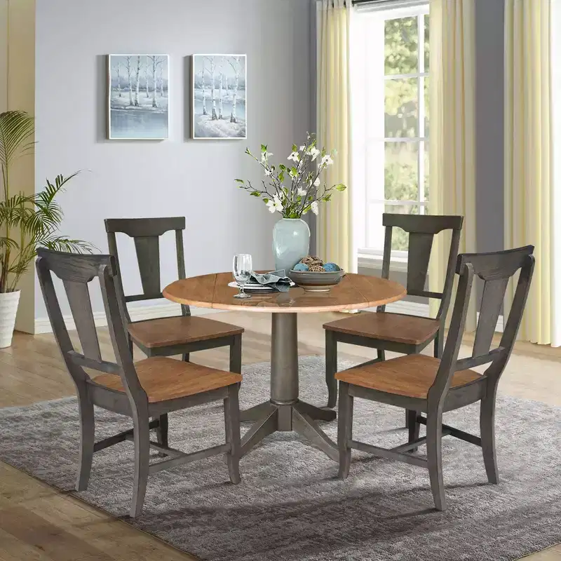 42" Round Dual Drop Leaf Dining Table with 4 Panel Back Chairs Hickory/Washed Coal - International Concepts: Traditional Style, Rubberwood Frame