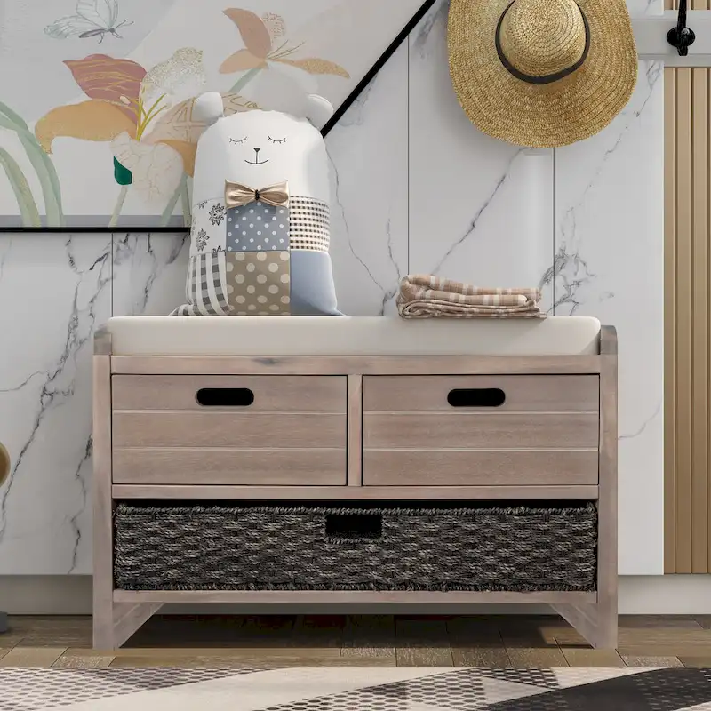 Storage Bench with Removable Basket and 2 Drawers, Fully Assembled Shoe Bench with Removable Cushion