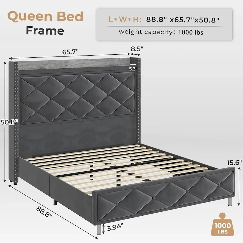 LED Bed Frame with 51.2 Tall Headboard Charging Station
